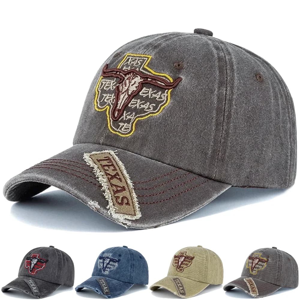 Unisex Washed Cotton Cap Vintage Baseball Cap Classic TEXAS Letter Bulls Head Embroidery Outdoor Dad Hat For Men Women