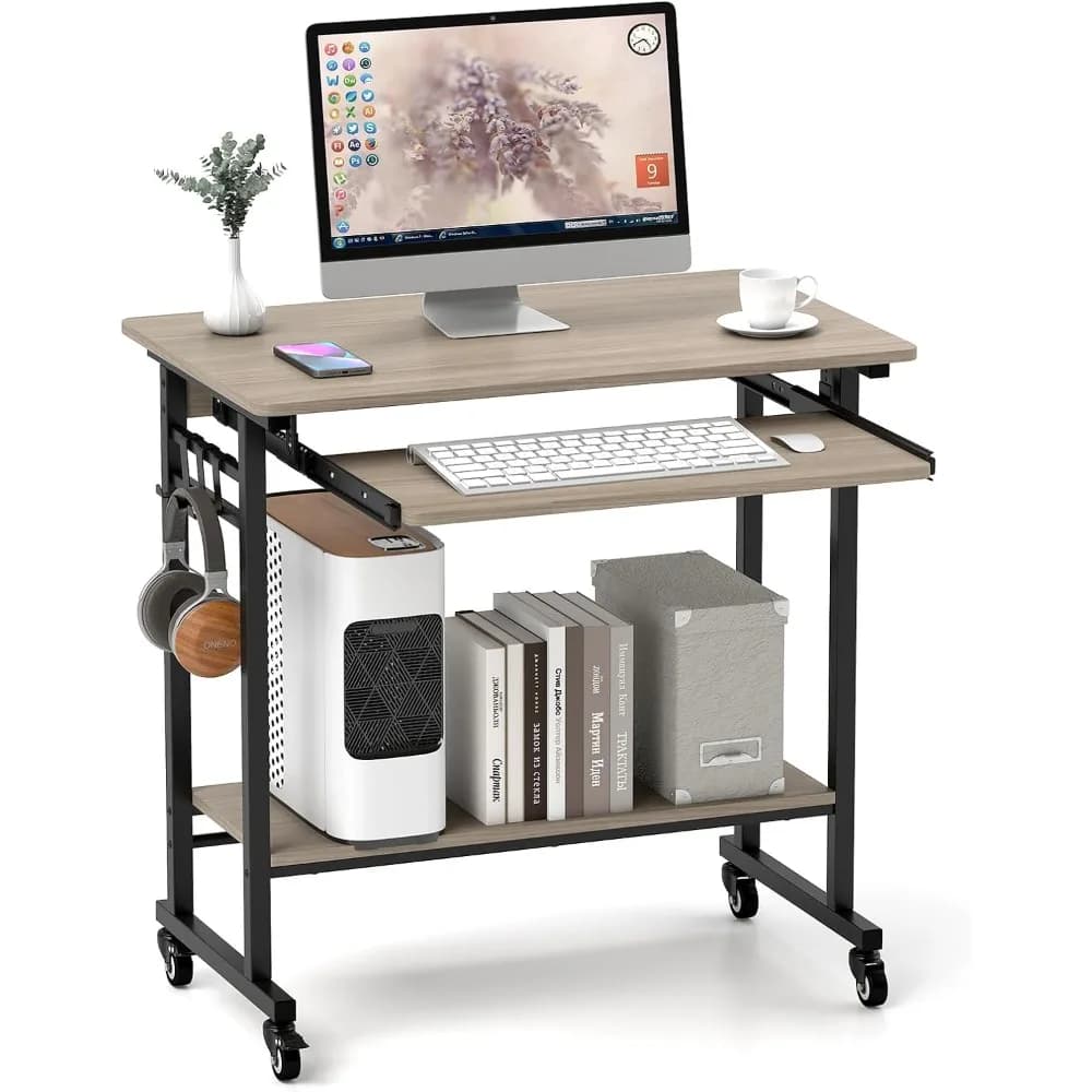 Carrello Portatile per Scrivania con Vassoio per Tastiera, Supporto Mobile per Laptop e PC con 3 Ganci per Divano e Letto