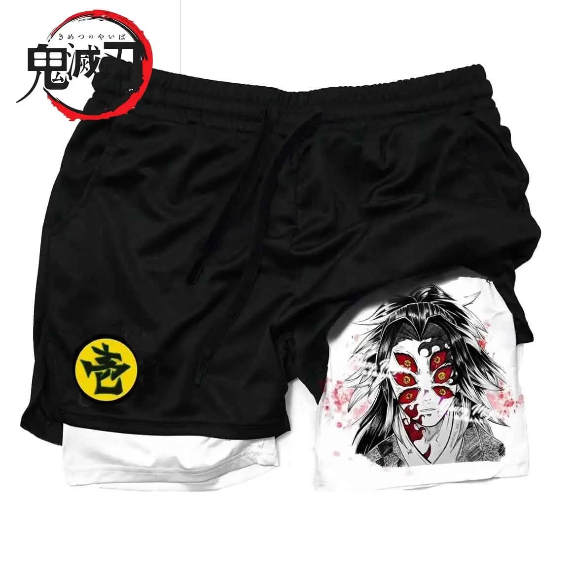 Pantaloncini Y2k anime giapponesi Uomo Demon Slayer Stampa Pantaloni a compressione 2-1 a doppio strato con tasca Abbigliamento da palestra estivo ad asciugatura rapida