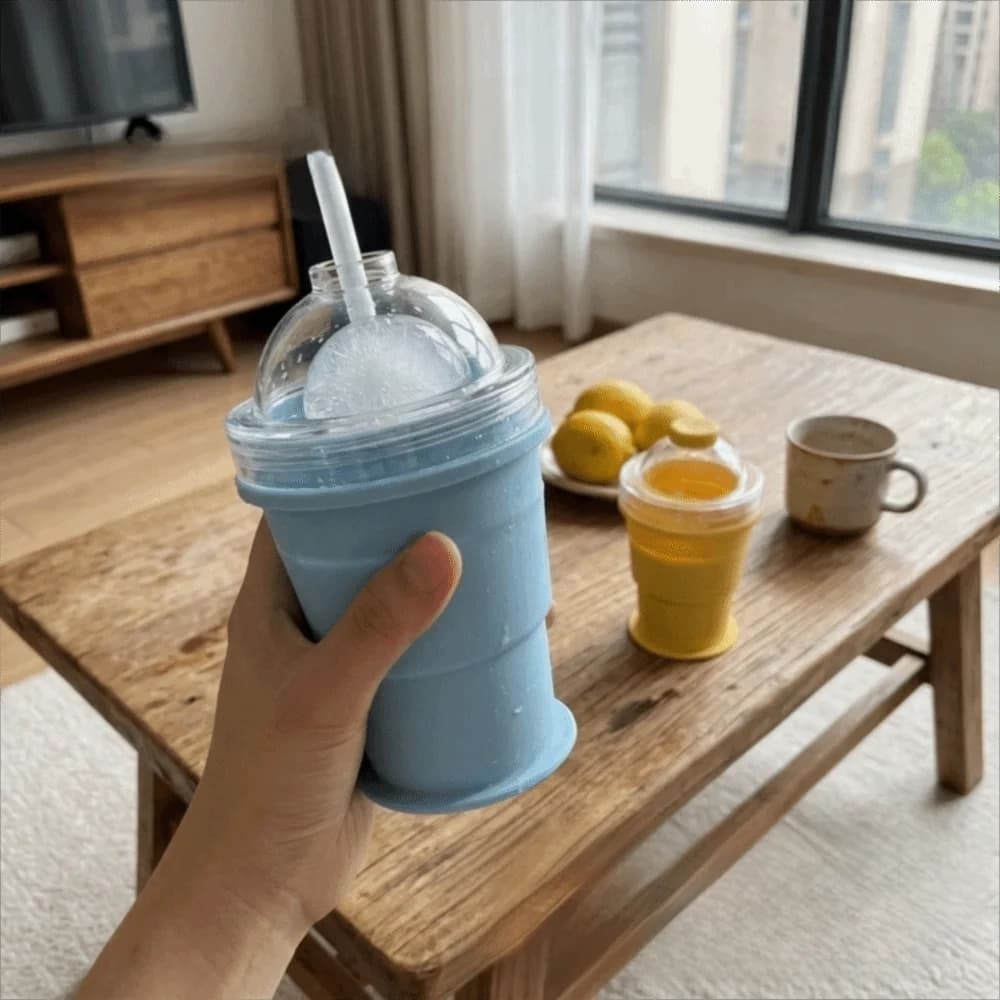 Convenient Leak-Proof Folding Ice Mold Cup with Straw Portable Ice Kettle Easy To Demold Food Grade Ice Mold Cooler Cup Milk Tea