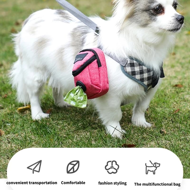 Dispenser sacchetti per rifiuti per animali domestici in tessuto Oxford con borsa per dolcetti per cani, comoda camminata.