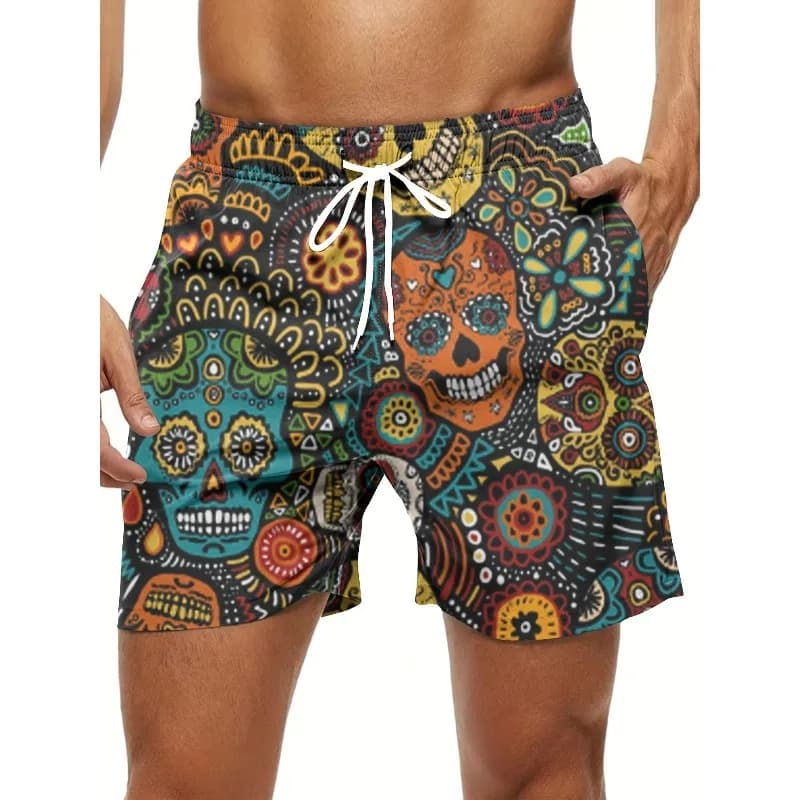 Pantaloncini sportivi da uomo con tasche laterali, design con lacci e vita elastica, ideali per vacanze al mare.