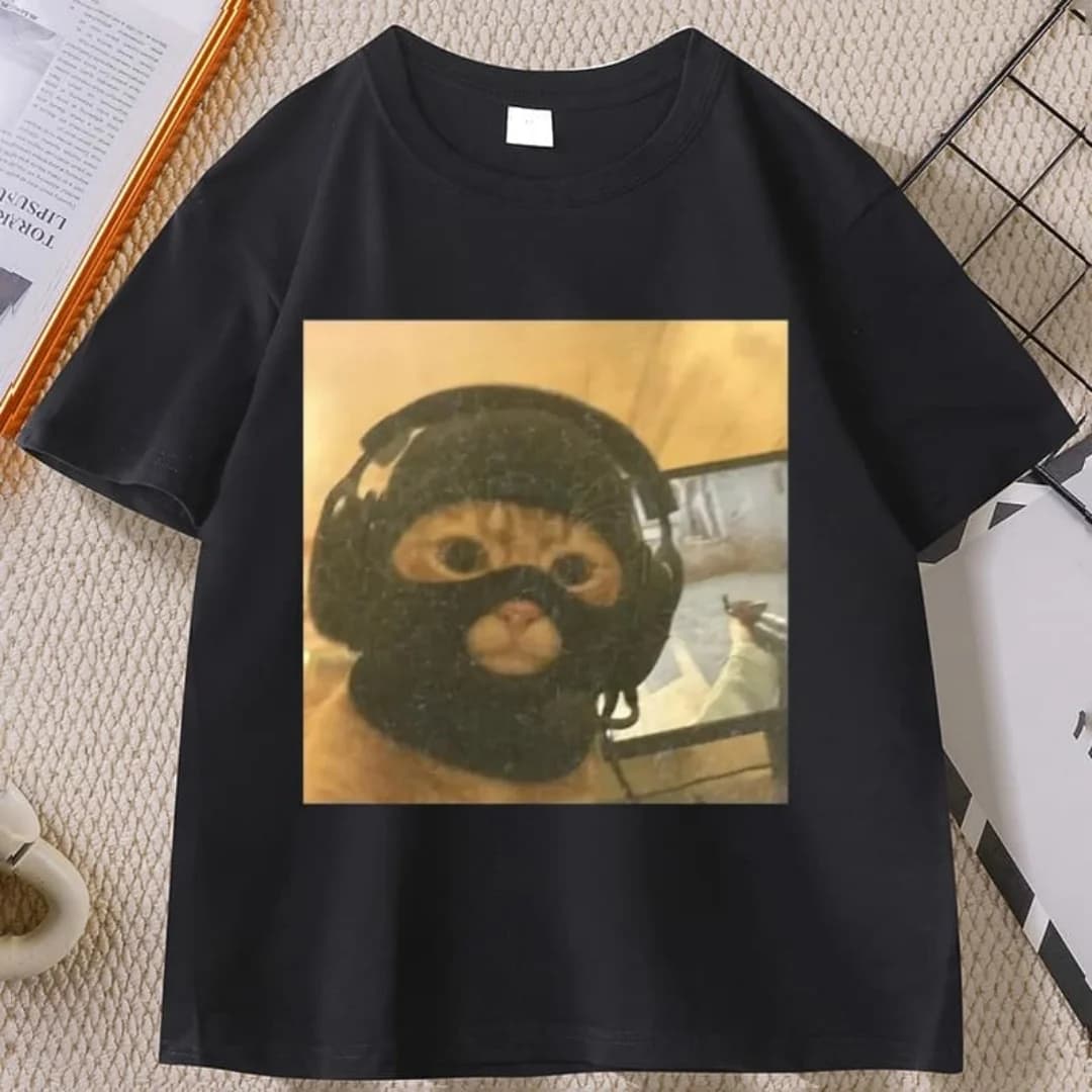Gaming Meme Orange Cat T Shirt Tactical Balaclava Headset Square Frame Real Funny Kitten Graphic Unisex Oversized Streetwear Tee