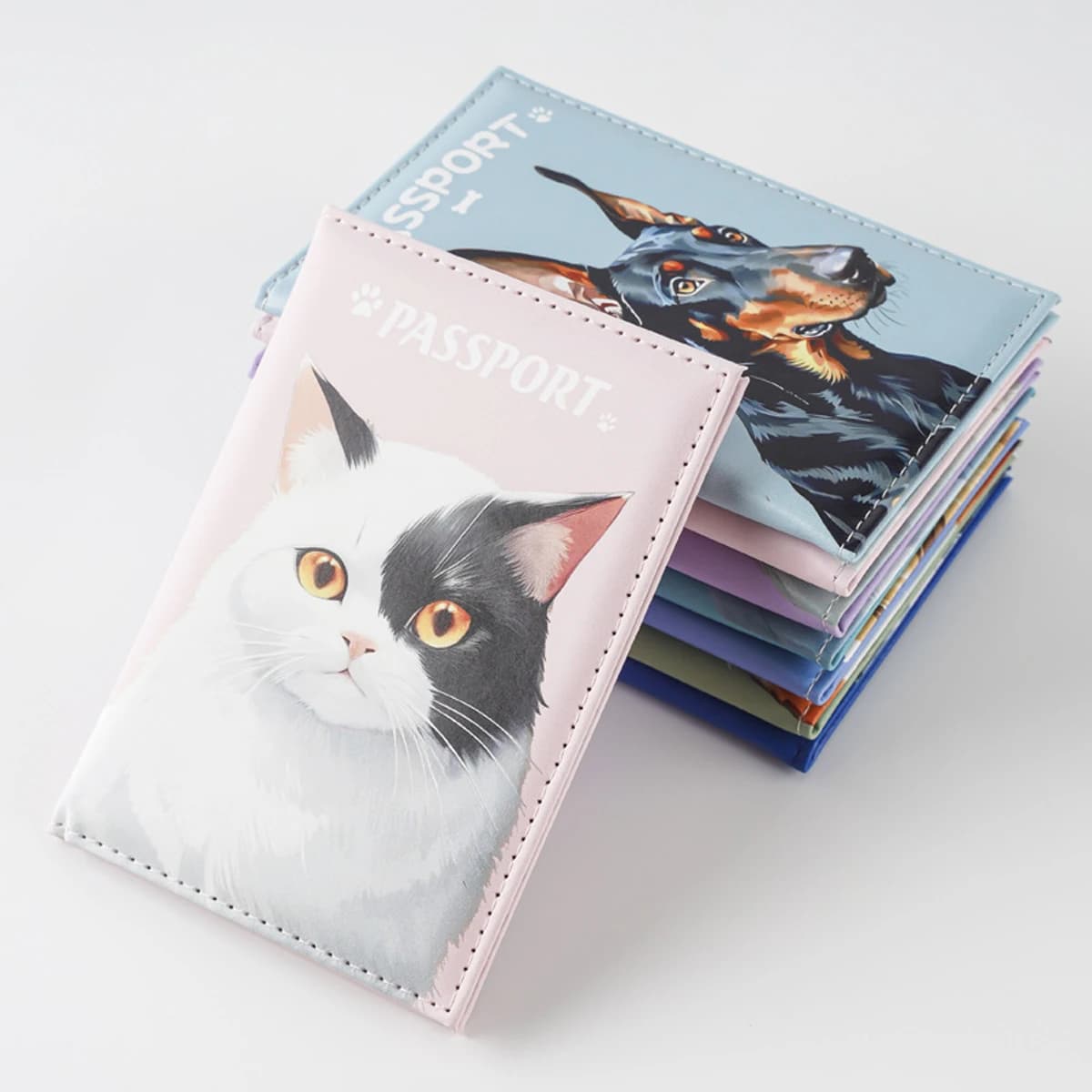 Clip per passaporto simpatico cane gatto, porta passaporto stampato a fumetti in pelle PU, porta documenti da viaggio, custodia protettiva per biglietti aerei