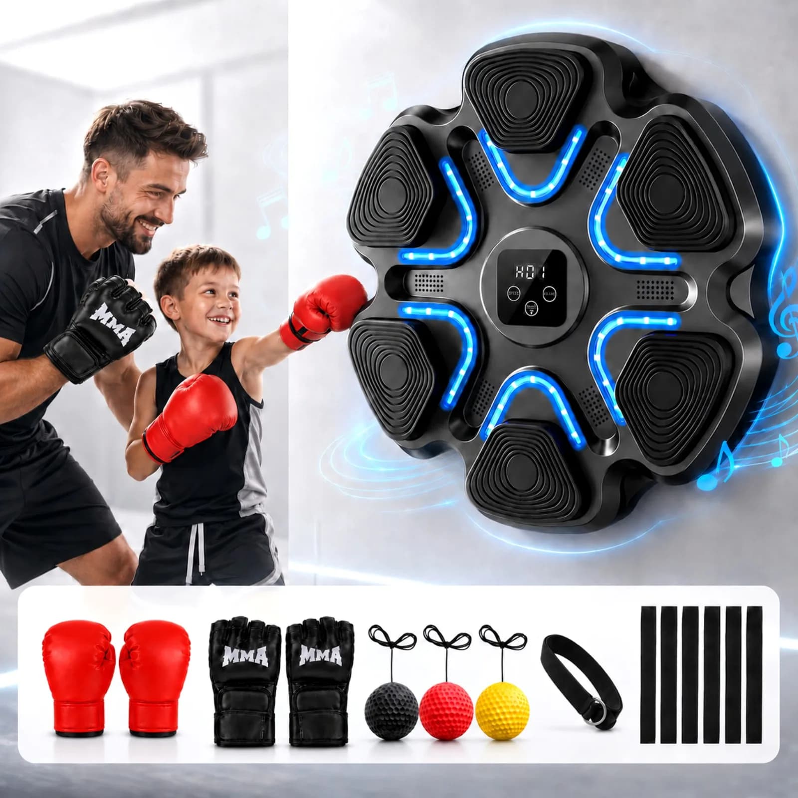 Music Boxing Machine Kids Adults with 2 Gloves Smart Punching Pad Wall Mount Bluetooth Interactive Boxing Target 9-Speed 9-Level LED Light Workout for Family Exercise Home Gym Gifts for Boys Hand-Eye Coordination Fitness Parent-Child Entertainment