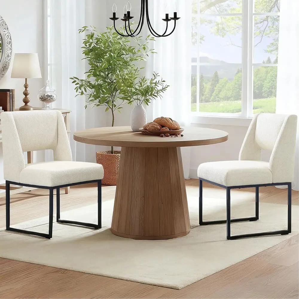 Beige Linen Upholstered Dining Chairs Set of 2 with Thick Cushion and Metal Legs