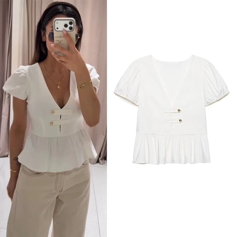 Women's Shirt Summer 2026 New Buttons Short-skirt style Hem Top for Women Fashionable Personality Chic Vacation style Ladies Top