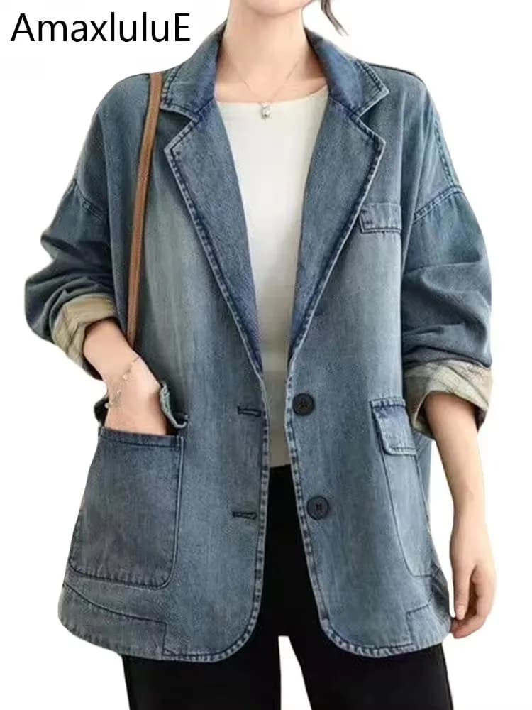 Amax LuluE 2026 Spring Women's Korean Jackets Fashion Denim Jackets Vintage Clothing Classic Oversize Casual