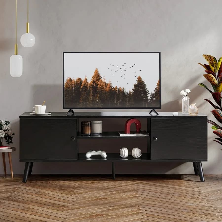 Mobile TV in Legno Stile Mid-Century Moderno per TV 55-60', 2 Armadietti Contenitori, Ripiano Regolabile, Gestione Cavi, Gambe Robuste, Facile Montaggio
