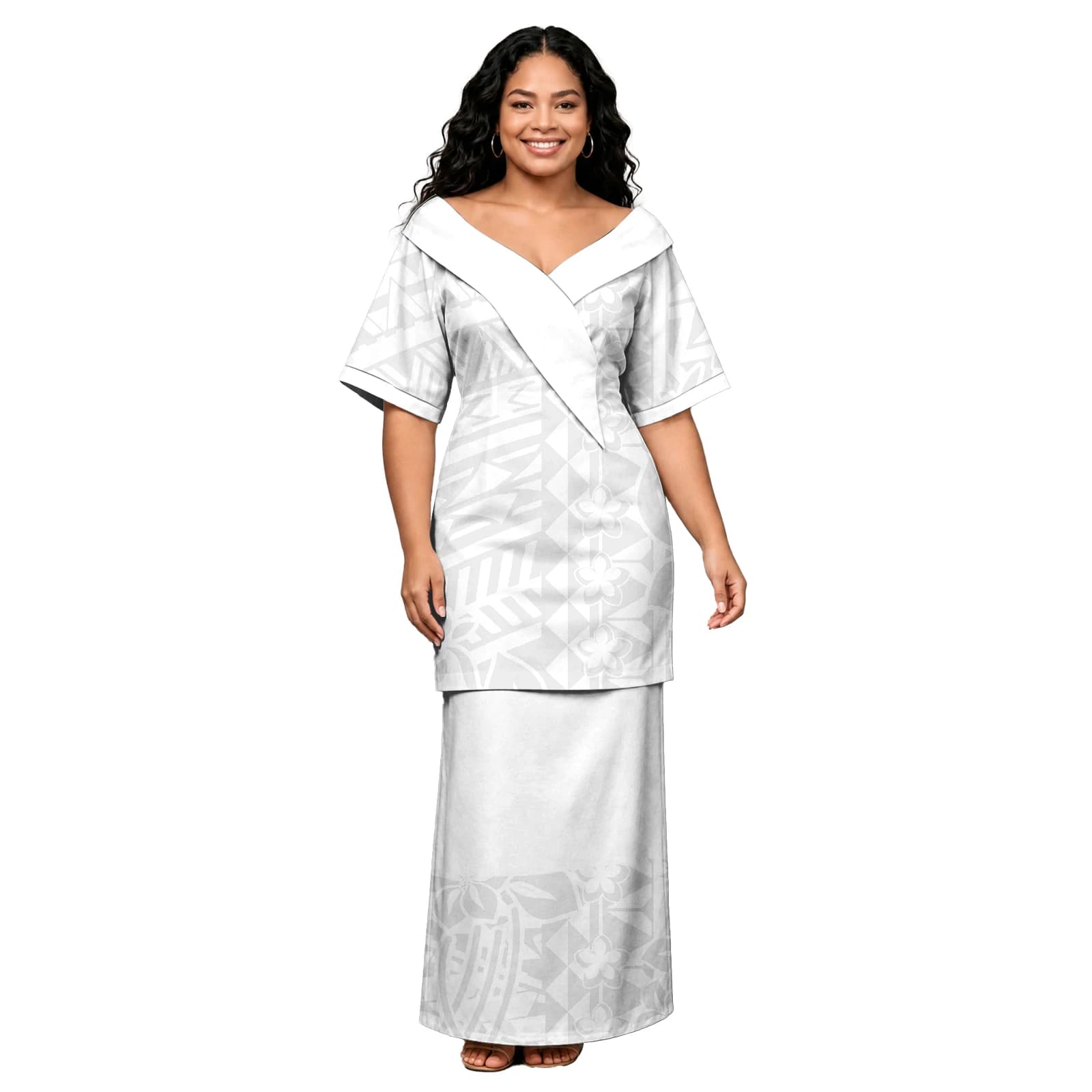 Puletasi Polynesian Custom Women's Church Holiday Formal Clothes Y-Neck Tribal Design Puletasi Samoan White Island Dress Pacific