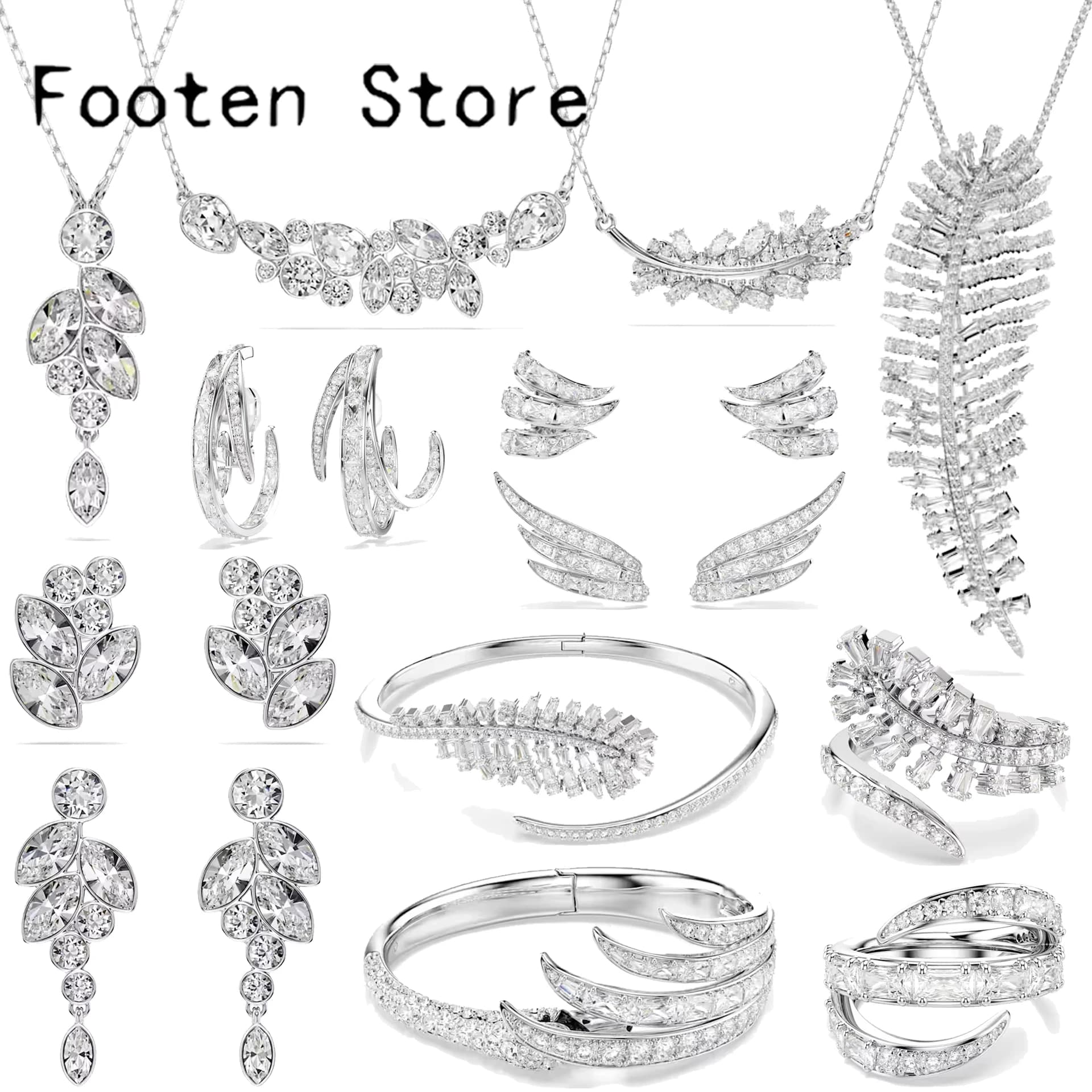 2026 Exquisite Light Luxury Party Jewelry Sets Charming White Feather Water Drop Crystal Women's Necklace Bracelet Ring Earrings
