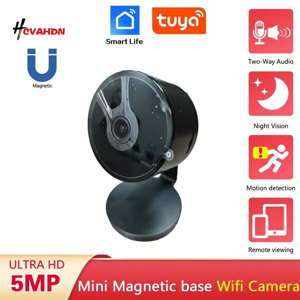 Telecamera IP Mini 5MP Tuya Smartlife, Montaggio Magnetico Nero, Forma Rotonda, Dimensioni Ridotte, Video IP Invisibile per Sicurezza Domestica e Monitoraggio Bambini