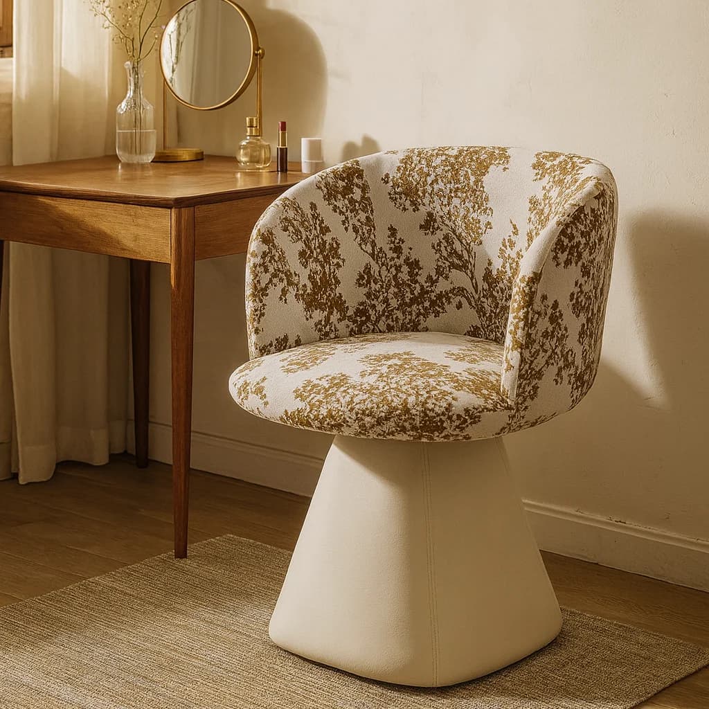 ‌ Sgabello Vanity francese ‌ 360 ° Sedia per trucco girevole con cuscino in PU per toletta Salone per unghie Schienale ergonomico Base in metallo dorato