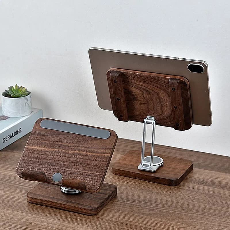 Walnut Black 360° Rotating Foldable iPad Stand, Adjustable Tablet Holder for Desk, Gaming & Studio