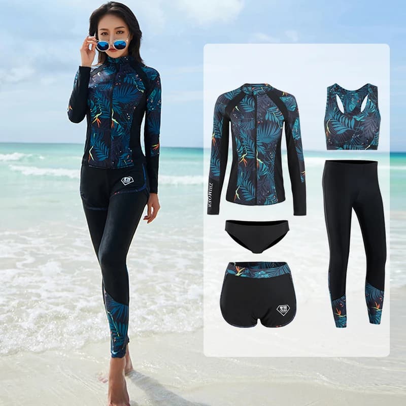 Manica lunga Rash Guard donna Patchwork 5 pezzi costume da bagno cerniera costumi da bagno costumi da bagno surf Pad pantalone lungo coppie uomo 3 pezzi
