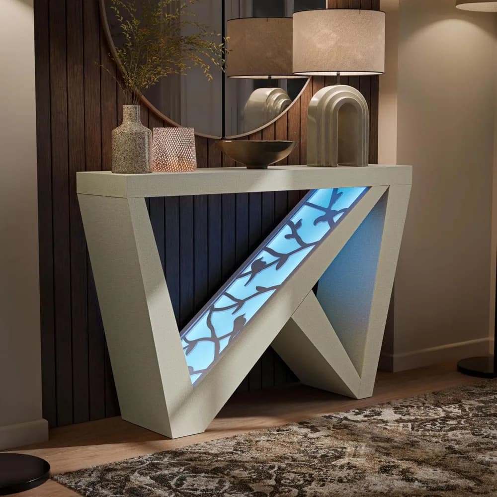 Out Naomi Consolle moderna a LED con accento decorativo con gambe a forma di W e telecomando, mobili da ingresso in legno per