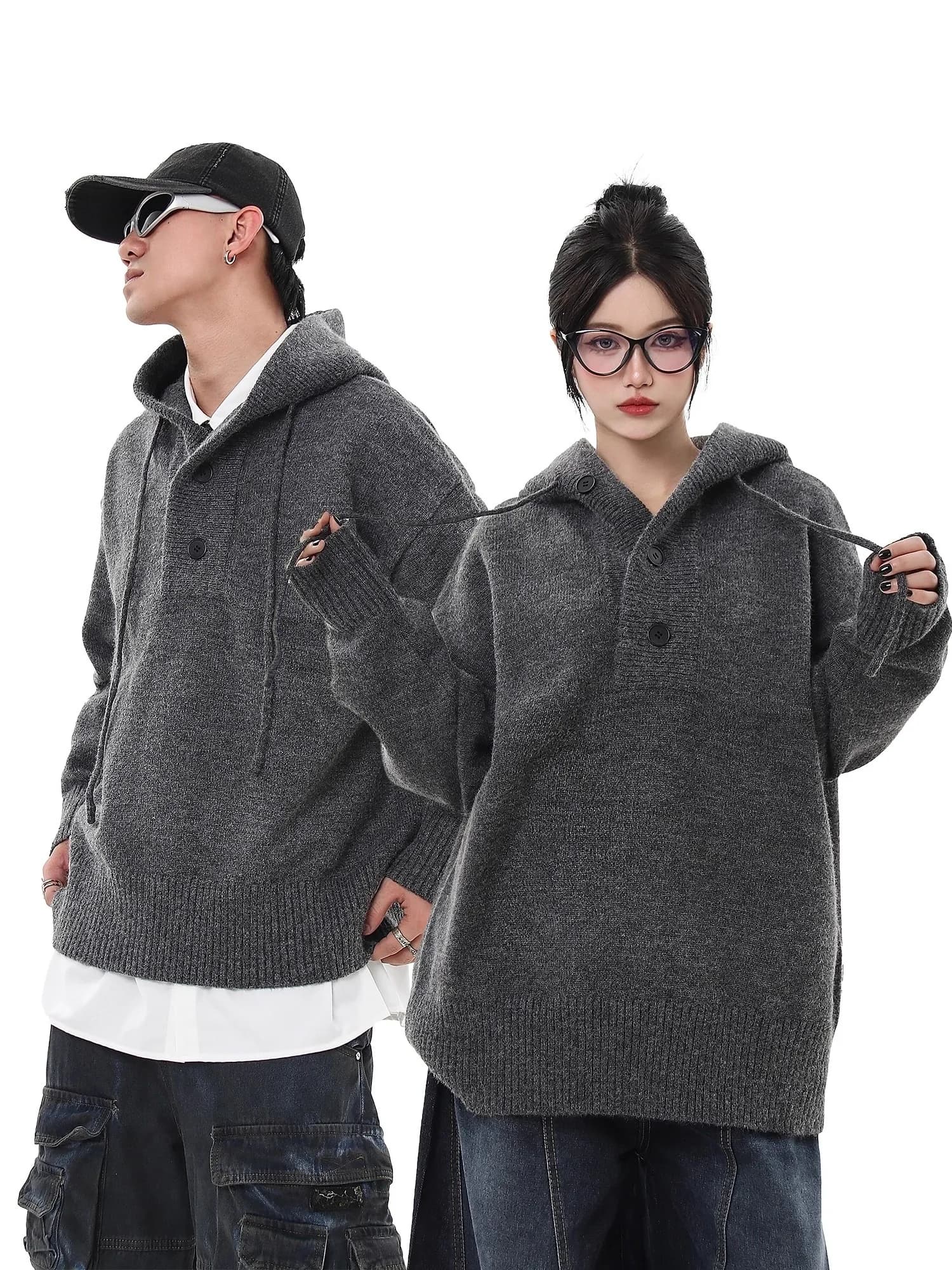 Felpa con Cappuccio Stile Americano, Oversize, per Uomo, Maglione Lavorato a Maglia, Cappotto Caldo Invernale, Moda Casual in Fibra di Poliestere