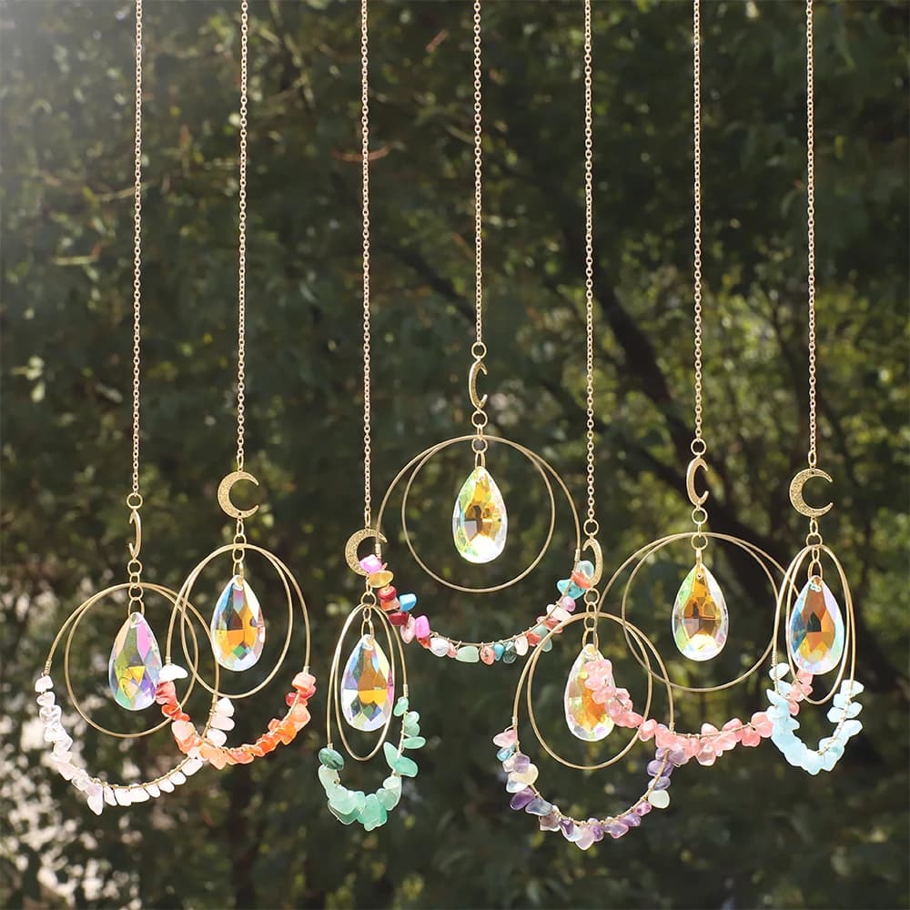 Crystal Suncatcher Circel Amethyst Hanging Crystals Stone Rainbow Maker Light Catcher Window Garden Ornaments Outdoor Decor Gift