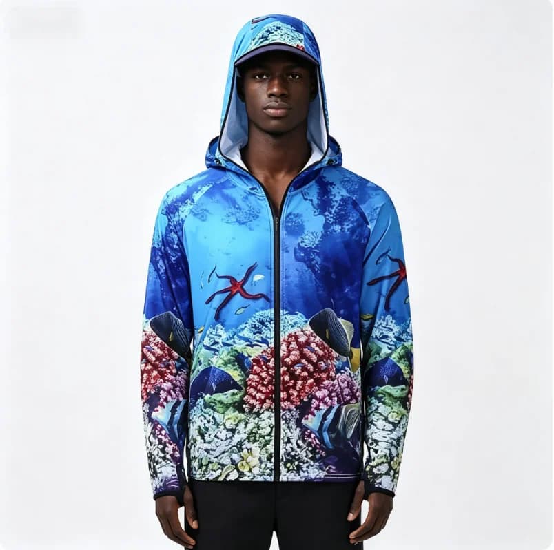 Maglie da Pesca Stampate con Sublimazione, Asciugatura Rapida, Ventilazione, Cappuccio, Anti-UV, con Cerniera, Abbigliamento da Pesca per Uomo
