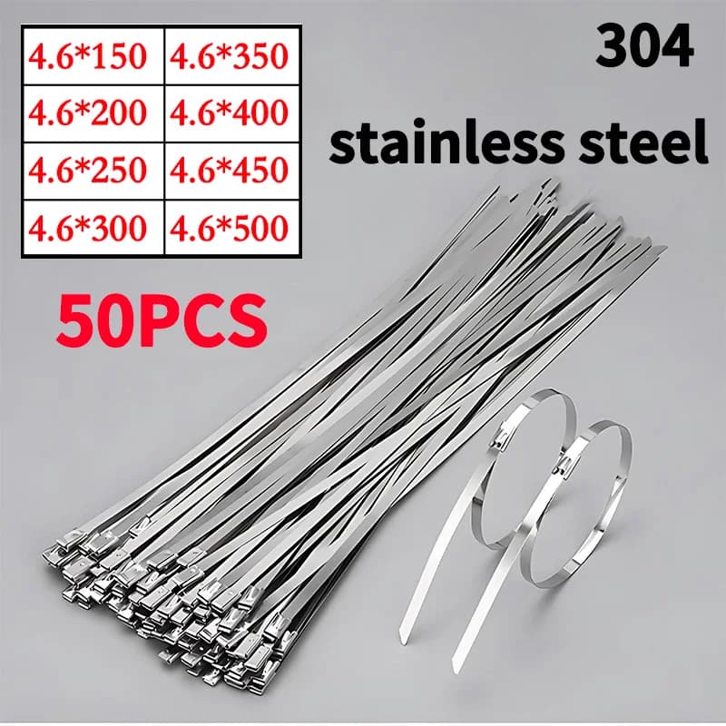 50 Fascette Autobloccanti in Acciaio Inox 304, Resistenti e Antiruggine, 4.6mm, per Uso Marino ed Esterno