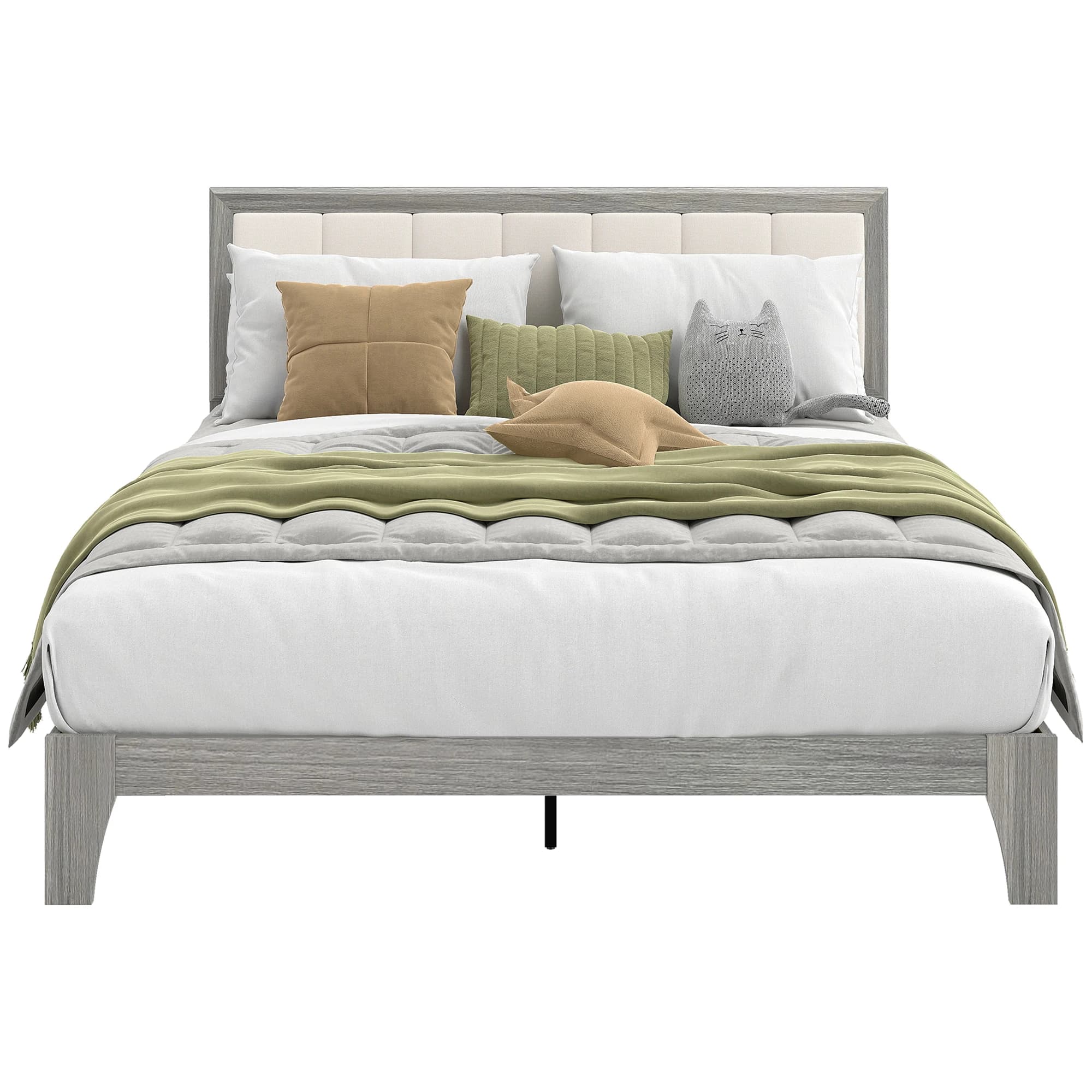 Homcom Queen Size Bed Frame with Upholstered Headboard, Platform Bed Frame with Wooden Slats, No Box Spring Needed, Easy Assembly, Gray