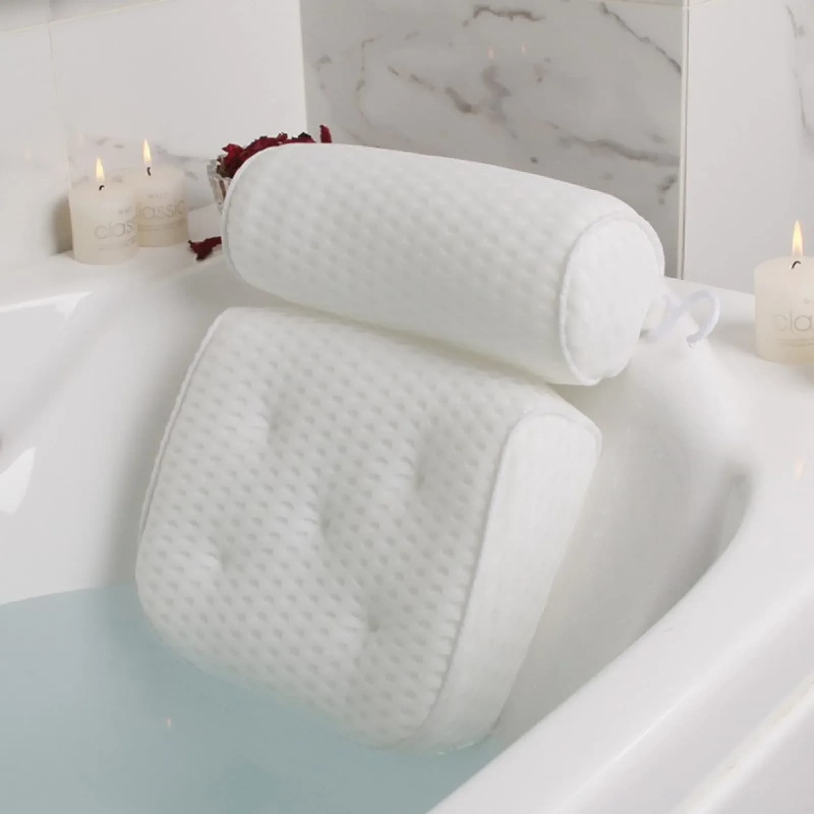 Cuscino per vasca da bagno da 1/2 pezzo con ventose antiscivolo per supporto per collo e schiena, accessorio per vasca da bagno in rete traspirante