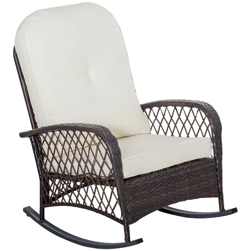 Rattan outdoor rocking chair with thick padded cushion, steel frame, PE wicker, 160 kg capacity, for garden and courtyard