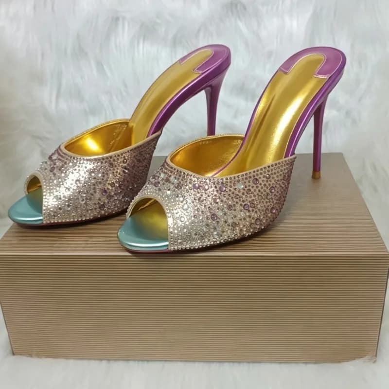 2026 new rhinestone color blocked high-heeled sandals, sexy round toe slim heels, fashionable high-heeled half slippers