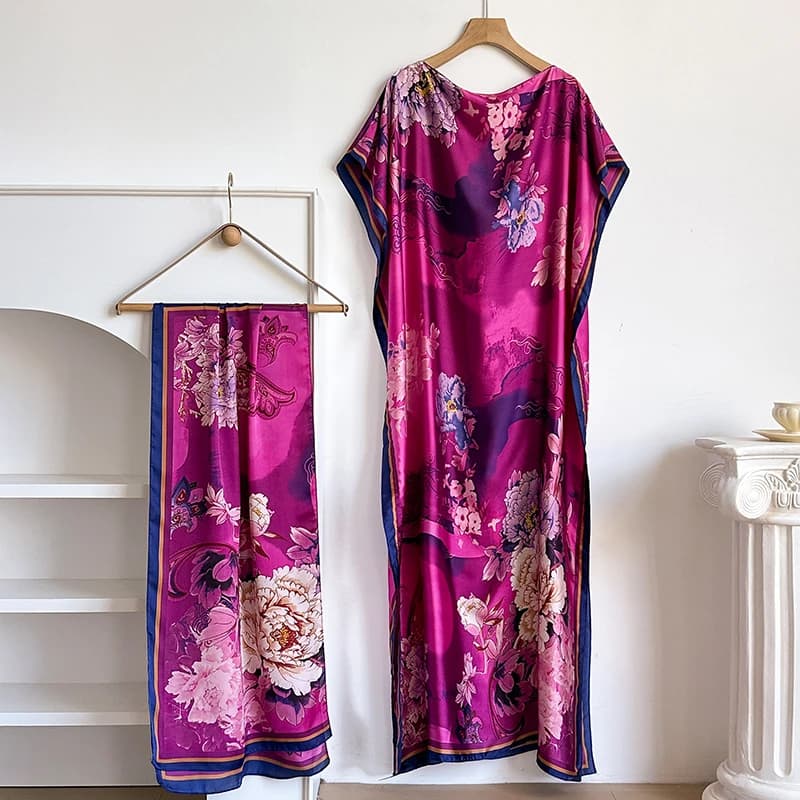 NEW summer fashion dress with big scarf Dubai Turkey Muslim caftano Abaya loose African woman casual maxi flower shawl dresses
