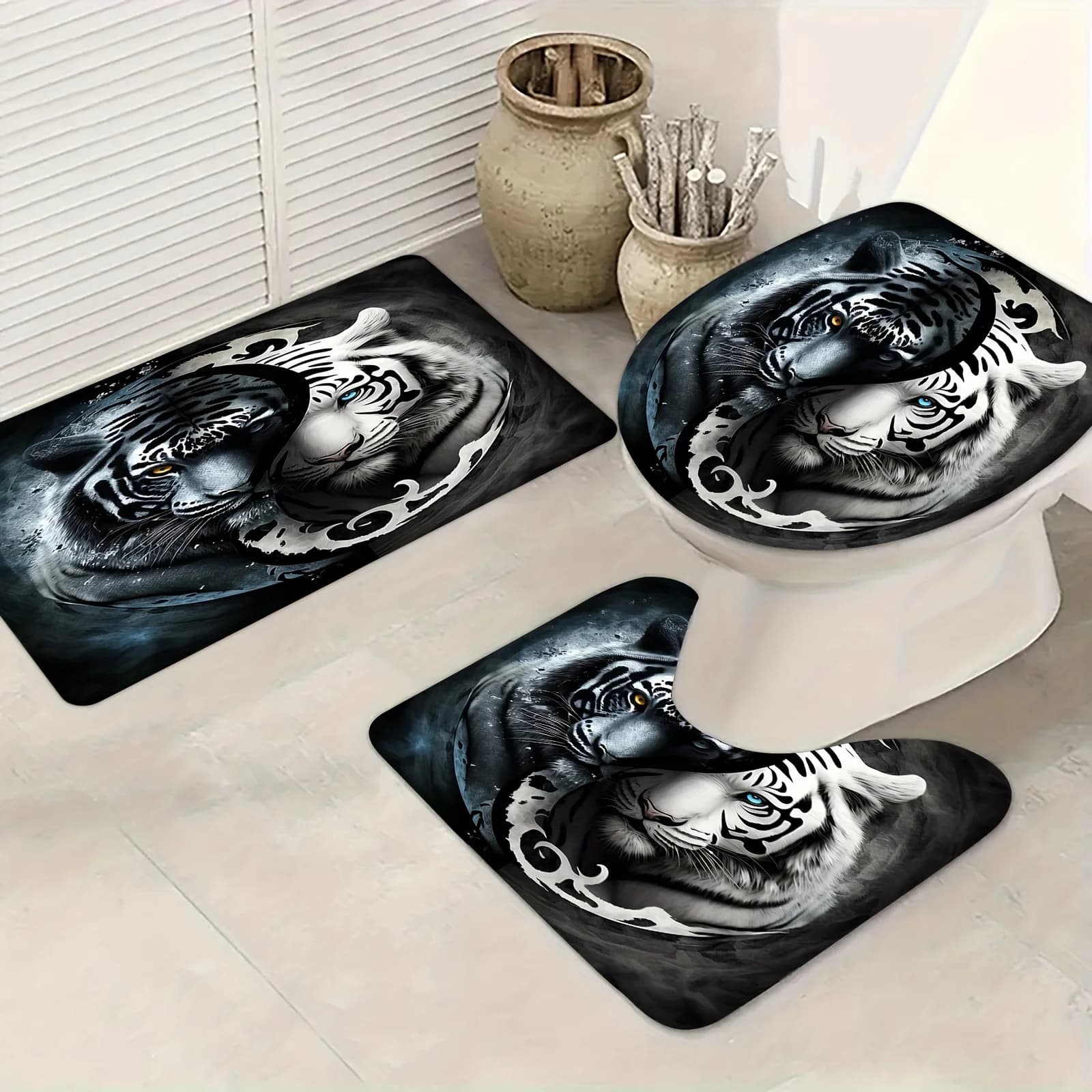 Set da 3 pezzi Tappetini da bagno antiscivolo con testa di tigre in bianco e nero Coprisedile per WC Tappetino a forma di U e tappeto per la decorazione del bagno