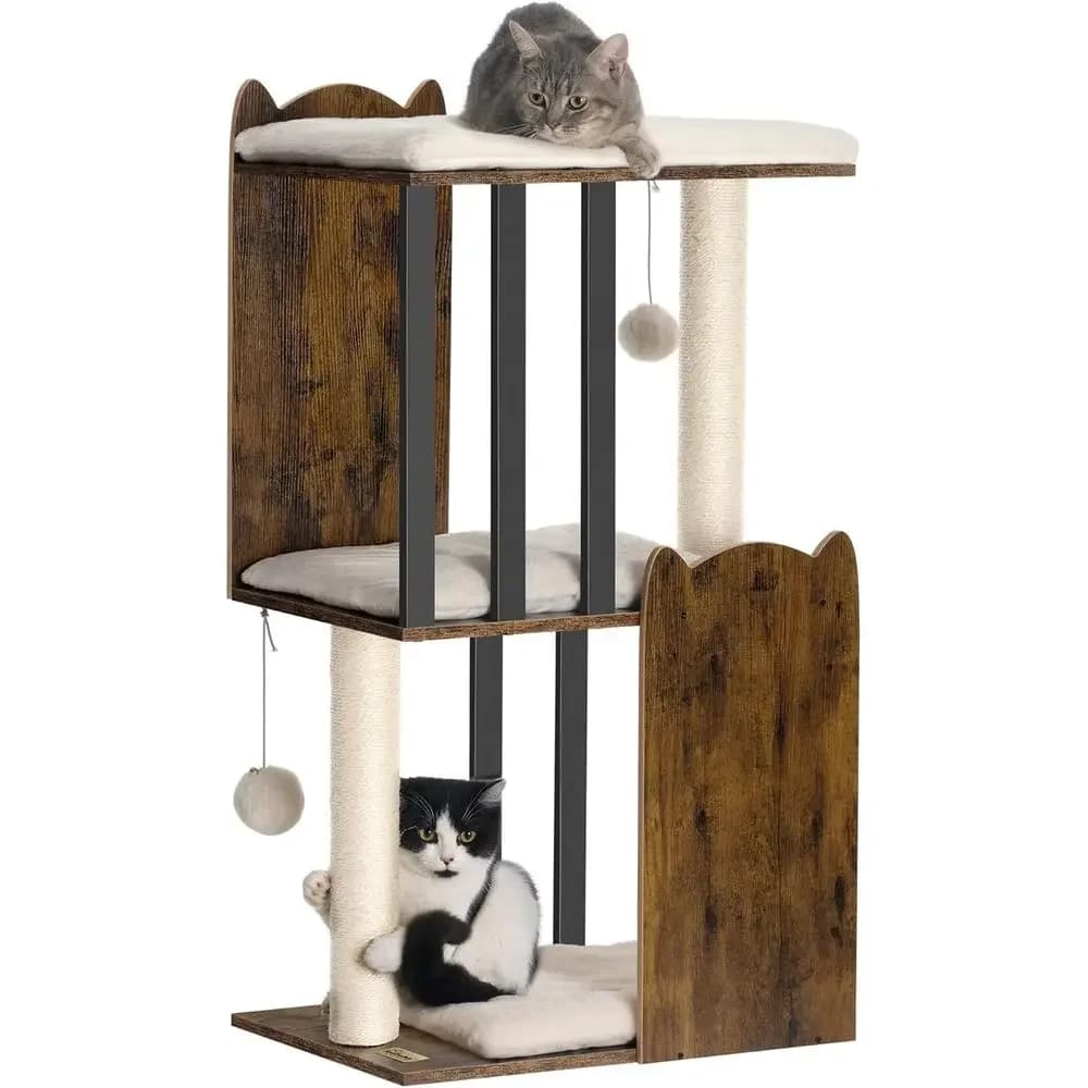 Albero per Gatti a 3 Livelli, Alto 90 cm, con Tiragraffi e Posti per il Riposo, Marrone Rustico - Offerta a Tempo Limitato
