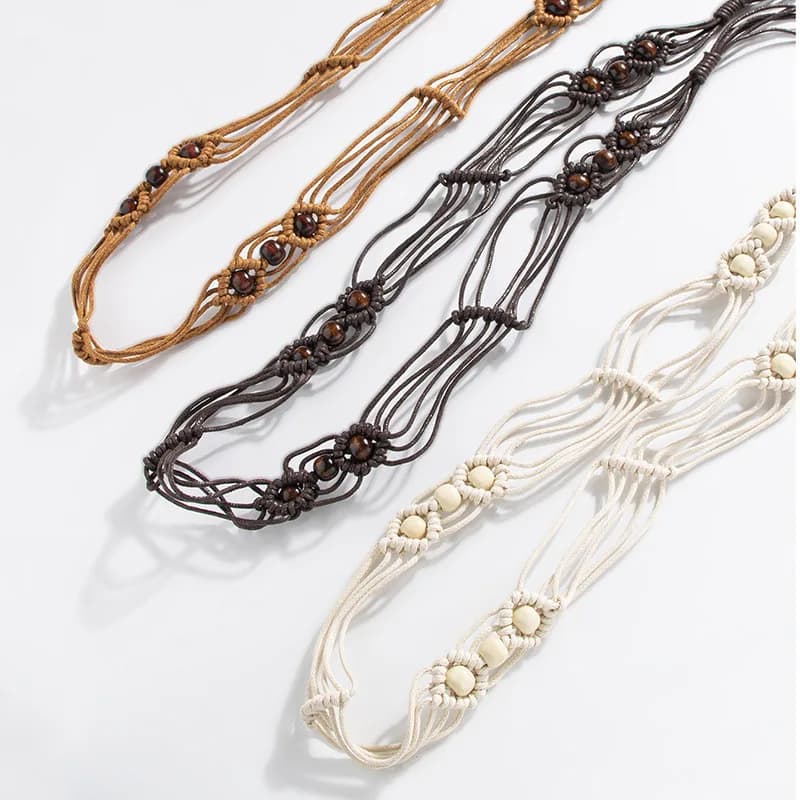 Fashionable Bohemian-Style Floral Knot Wooden Bead Women’s Belt Braided Casual Ethnic Resort-Style Elegant Waist Cord