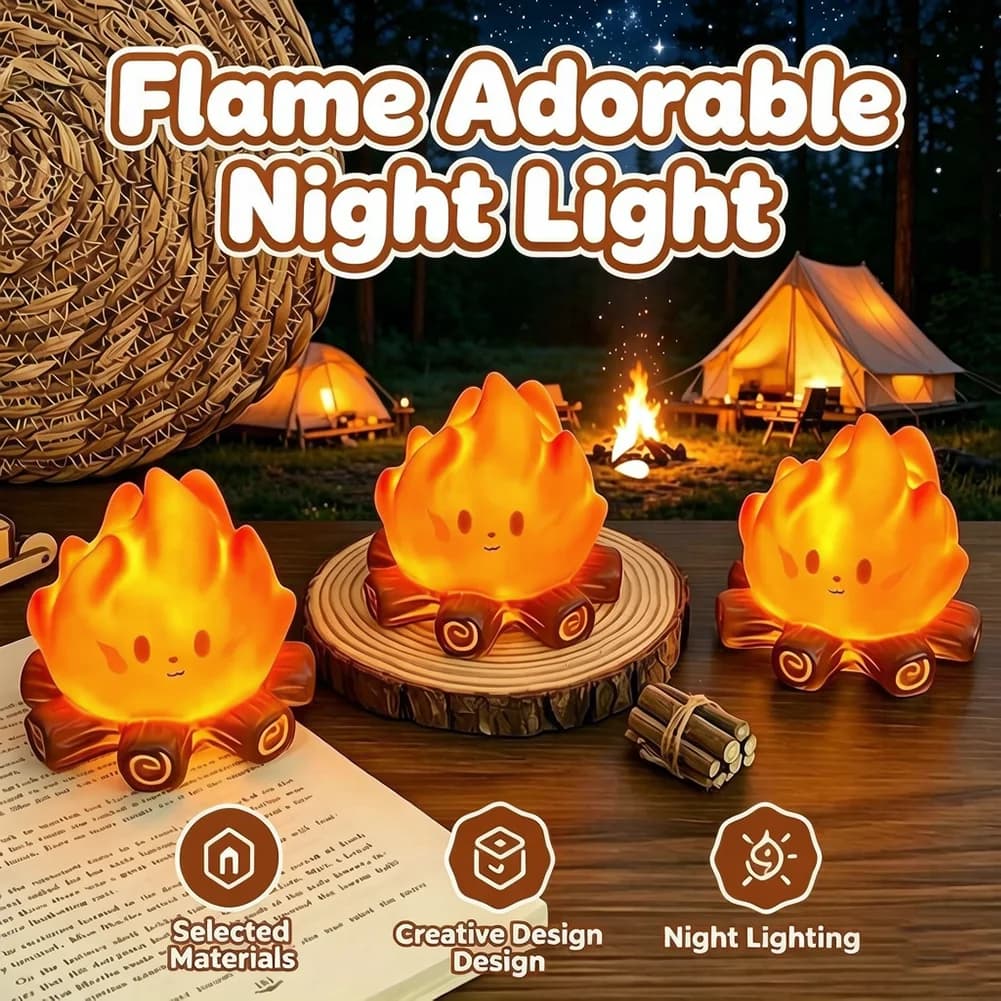Kawaii Smiling Flame LED Night Lamp Battery Operated Portable Campfire Light Toy Home Ornament Holiday Office Birthday Present