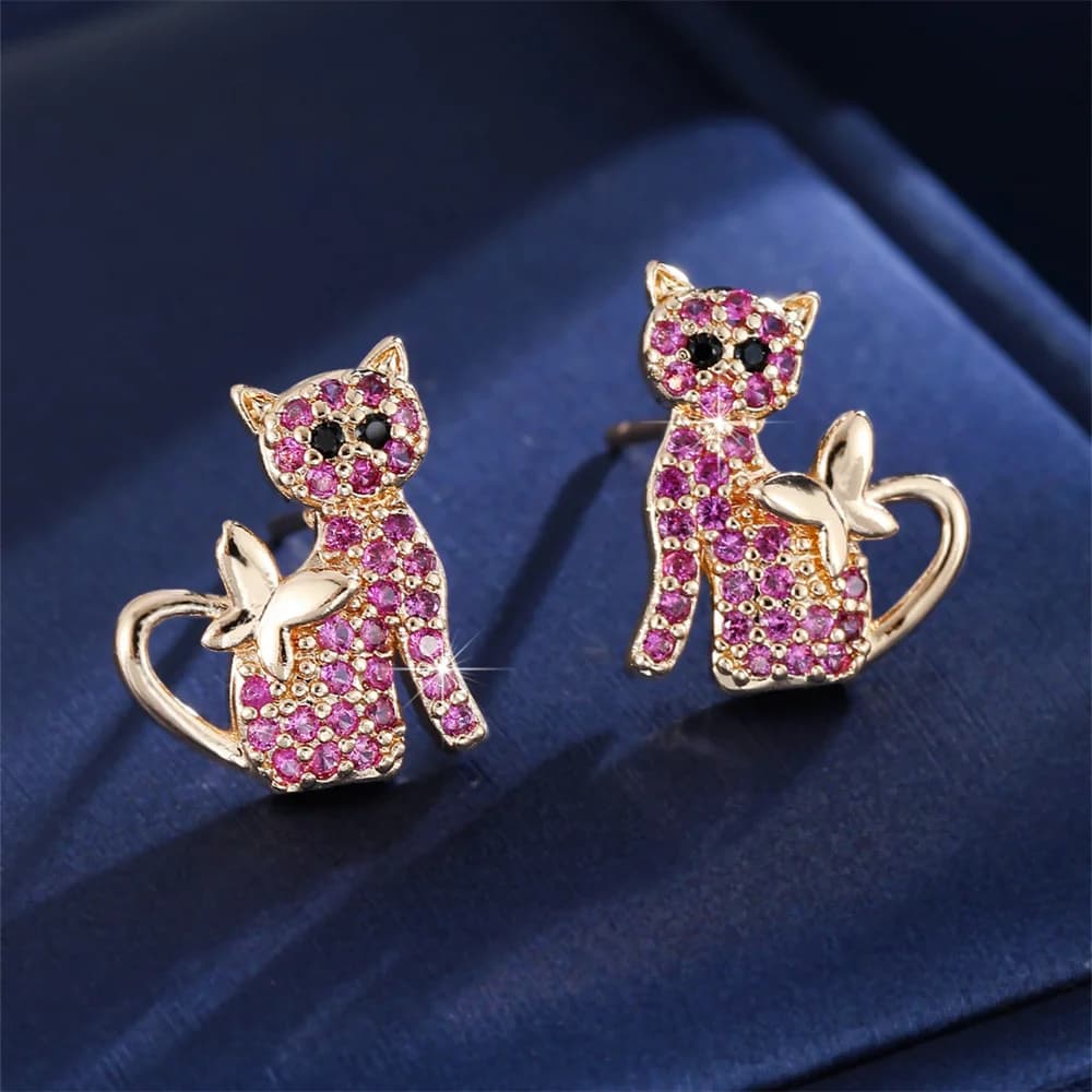 Rose Red Zircon Cute Small Cat Stud Earrings For Women Boho Gold Silver Color Animal Ear Studs Wedding Jewelry Mother's Day Gift