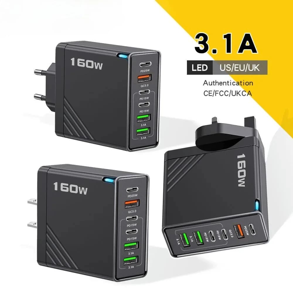 Caricatore USB multiporta da 160 W Tipo C Ricarica rapida Caricabatterie da muro con presa EU/US/UK Adattatore da viaggio universale 3PD 3USB Quick Charge 3.0