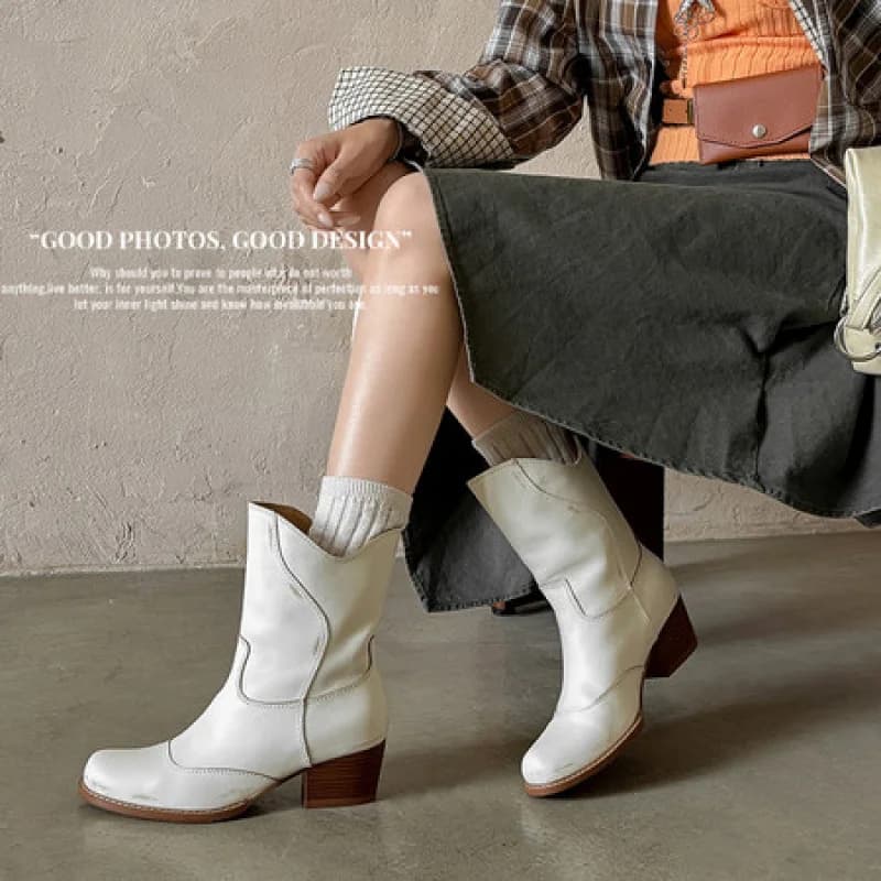 2026 New Korean Fashion Women Western Ankle Boots Brush-off Cowhide Leather Chunky Heel Slip On Lightweight Casual Boots G239