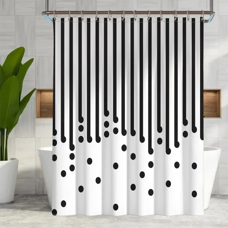 Black and White Striped & Polka Dot Shower Curtain, Modern Geometric Design, Waterproof Polyester Bathroom Curtain with Hooks