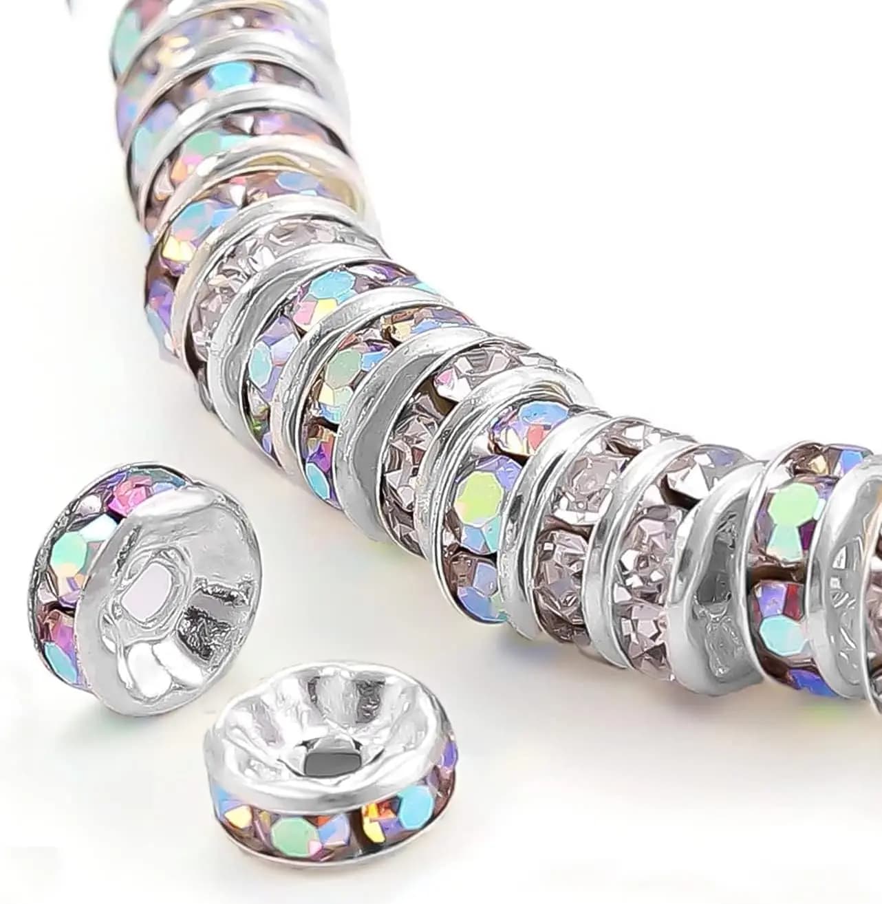 200 pz Perline Distanziatrici Rondelle in Cristallo da 6mm Placcate Argento Colore AB per Creazione Gioielli Braccialetti