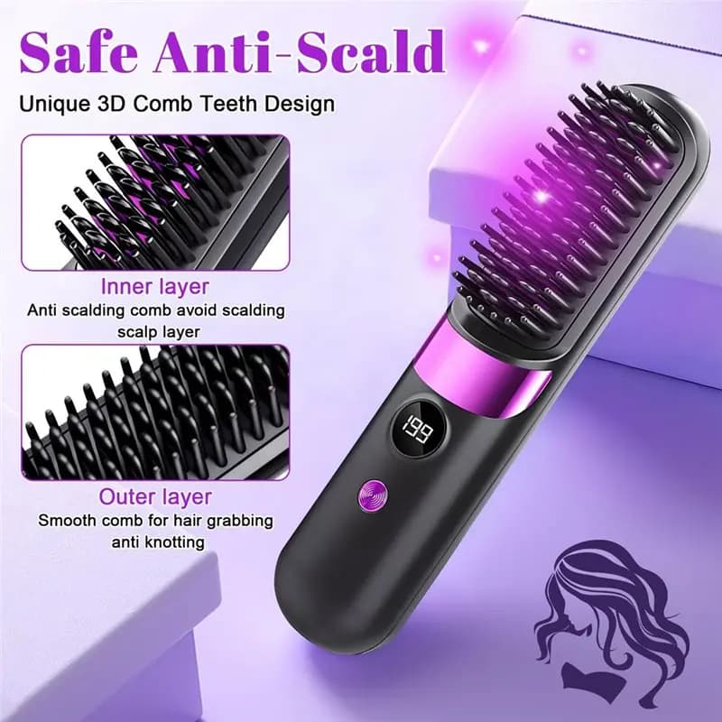 Spazzola lisciante senza fili A83G, spazzola riscaldata per capelli corti e lunghi, spazzola lisciante portatile a caldo