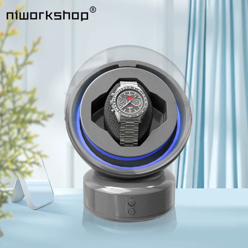 Avvolgitore automatico per orologi Niworkshop, custodia per orologi a 1 Slot, scatola per orologi con Design a capsula spaziale con luce a LED, per uomo e donna
