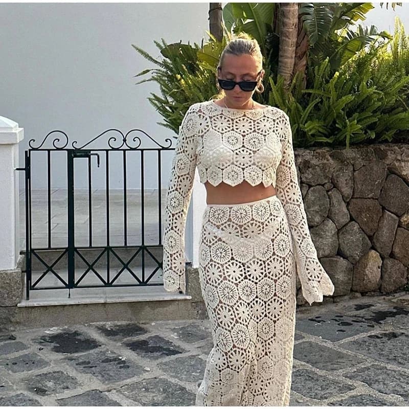 EINY Crochet Hook lavorato a maglia scava fuori gonna vestito da donna manica lunga O-Collo Crop Top gonne a vita alta 2 foto Summer Lady Beachwear