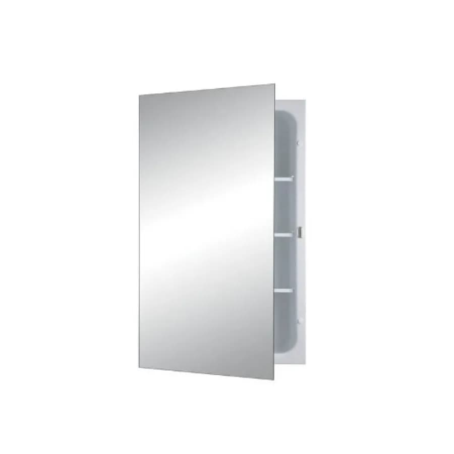 Bathroom medicine cabinet with frameless design, polished mirror surface, silver color, space-saving 16-inch by 26-inch size