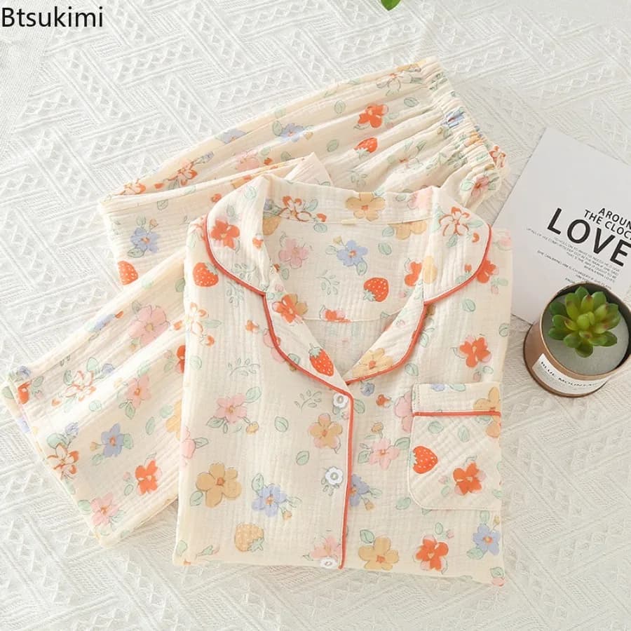 New2026 Women's Casual Pajama Sets 100% Cotton Spring Autumn Flower Printing Loose Sleepwear Sets Female Soft Pajamas Loungewear