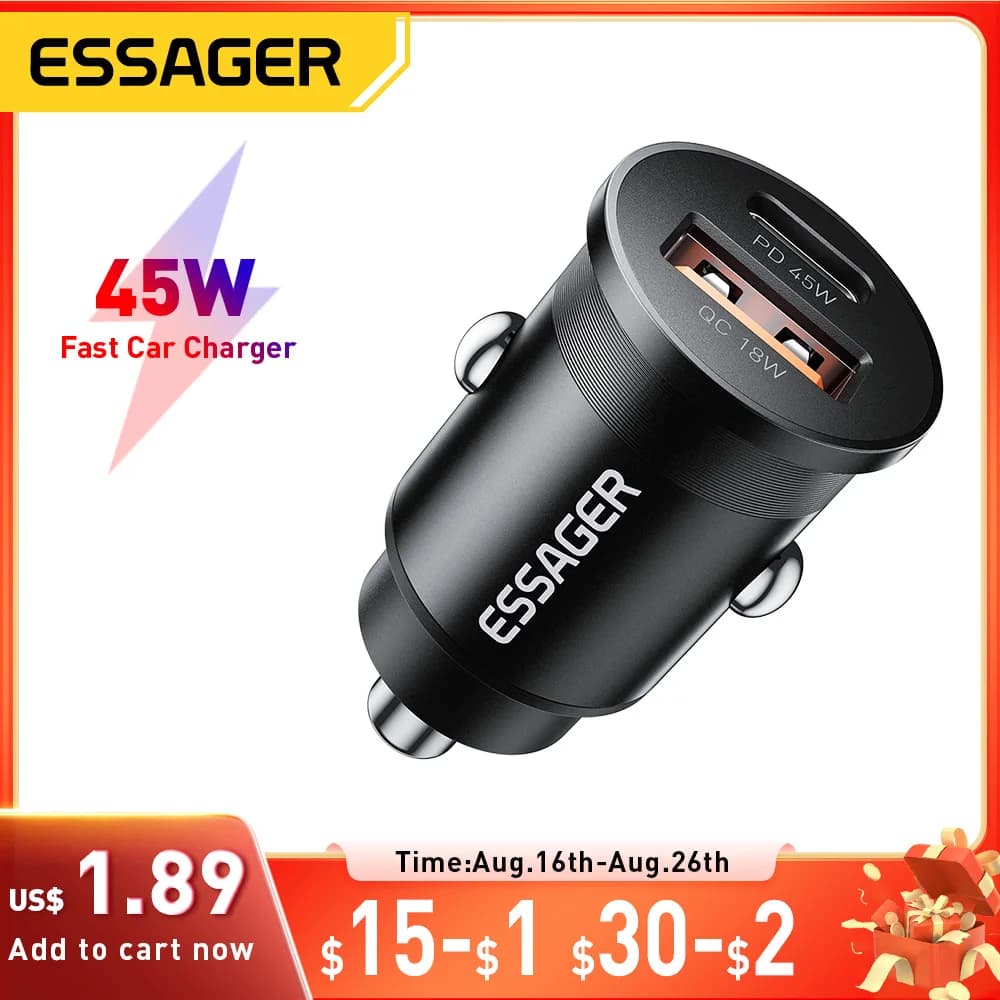 Essager 45W Caricabatteria da auto Ricarica rapida Doppia porta PD QC3.0 Type-C Caricabatterie rapido per iPhone 16 15 14 Samsung Xiaomi Huawei Oppo