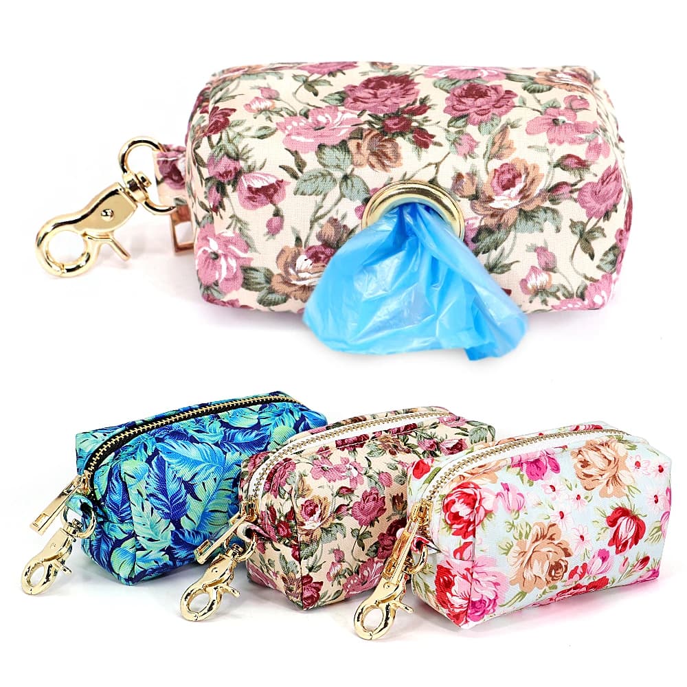 Borsa per cani con stampa floreale comoda borsa per la spazzatura per animali domestici borse per animali domestici multifunzione borsa per chiavi per rifiuti Snack per cani all'aperto