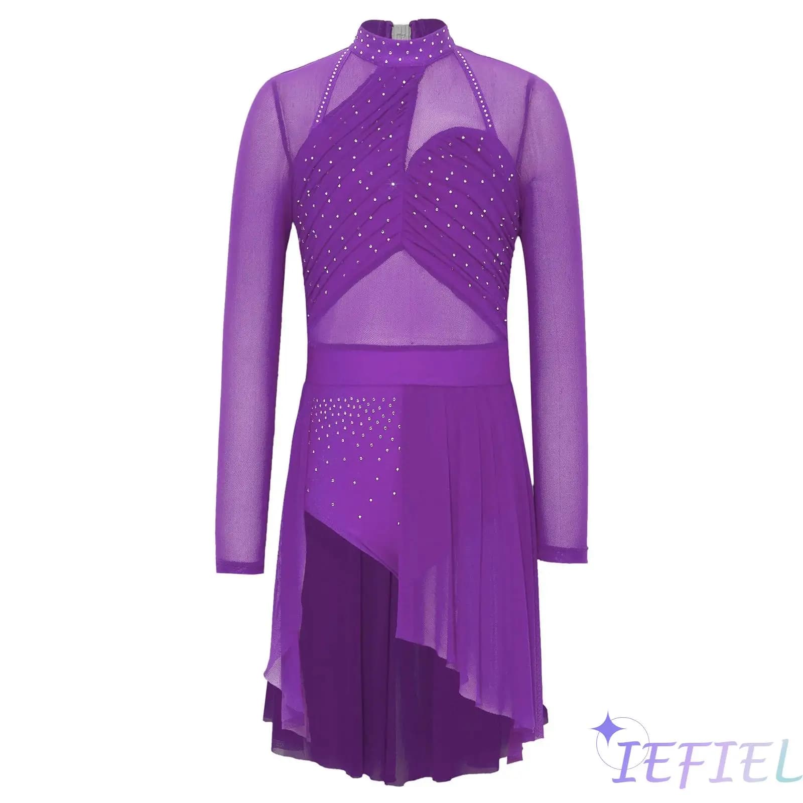 Vestito da ballo lirico con strass per bambine, costume da pattinaggio artistico su ghiaccio per ragazze, per danza jazz, latino e ballo da sala