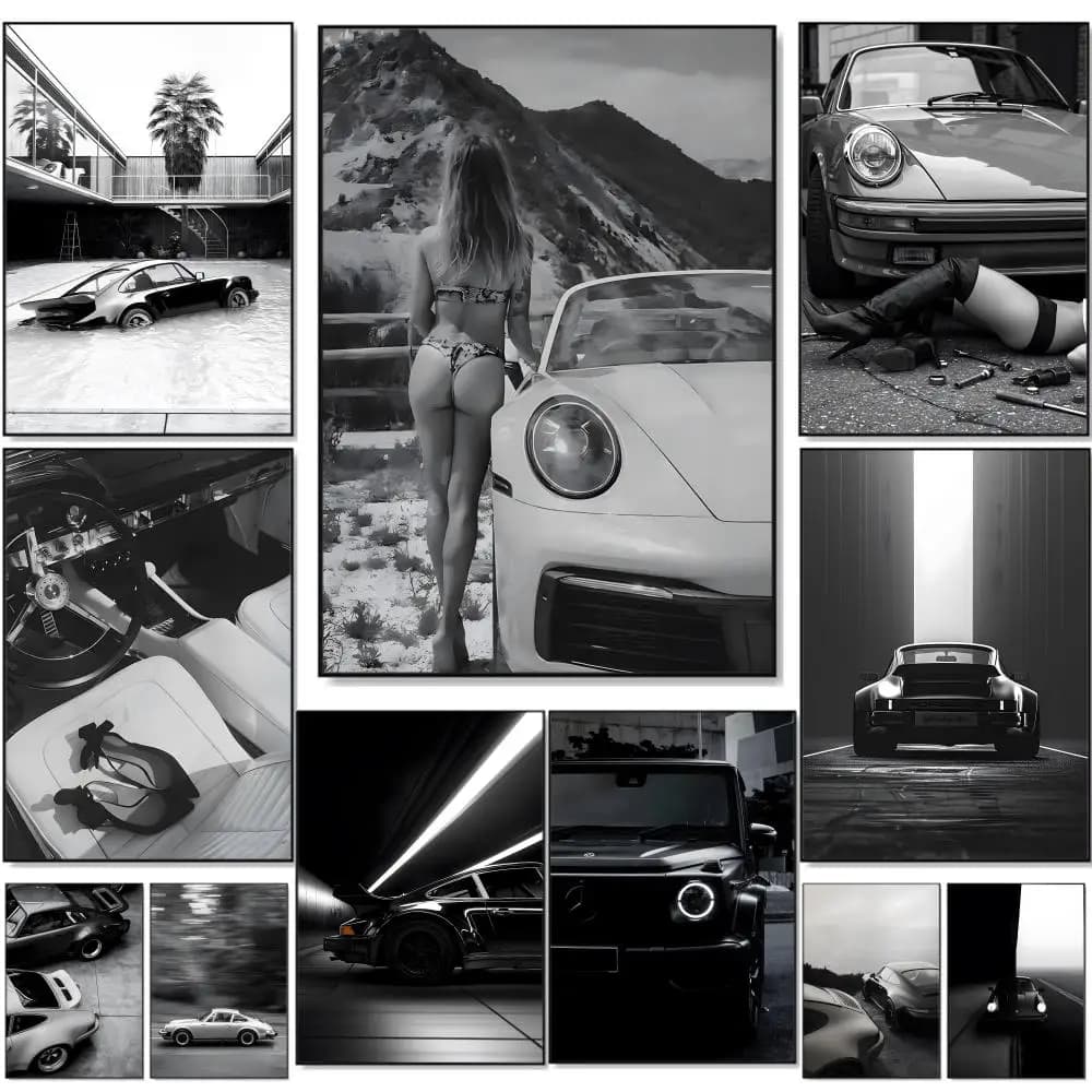 Black white Luxury Sports Car Painting Calligraphy Premium Cotton Canvas Wall Art Poster HD Scratch Resistant Perfect Gift