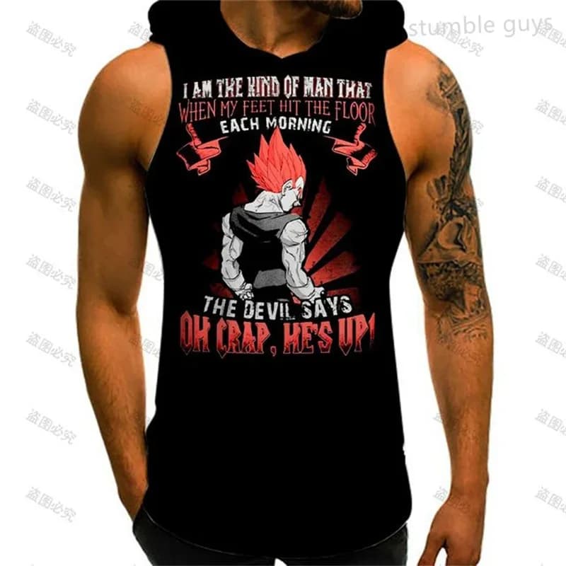 Summer Men's Gym Clothes Fitness Wear Dragon Ball Hooded Vest Tank Top Goku Kakarot Super Saiyan Tee