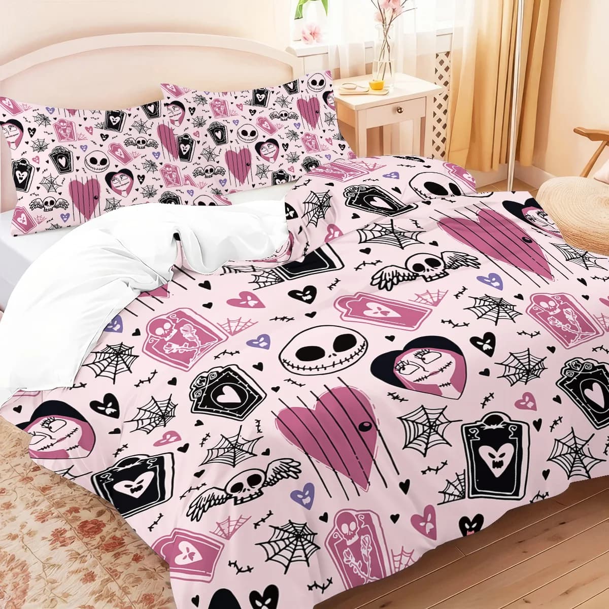 3-piece duvet cover set with cute pink skull theme Halloween and heart-shaped pattern, 1 duvet + 2 pillowcase, without nucleus