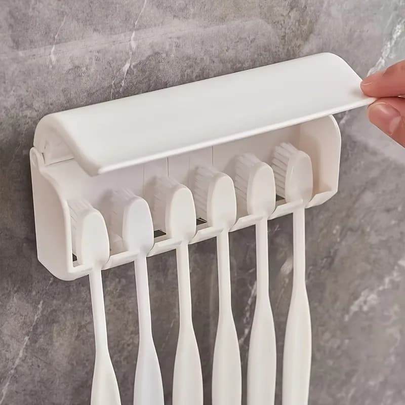 This Is a Single Toothbrush Holder That Can Hold 6 Toothbrushes, with a Cover and Self-Adhesive Backing, Easy to Install on the Wall Highly Recommended for Organizing Toothbrushes in Bathrooms and Shower Areas.